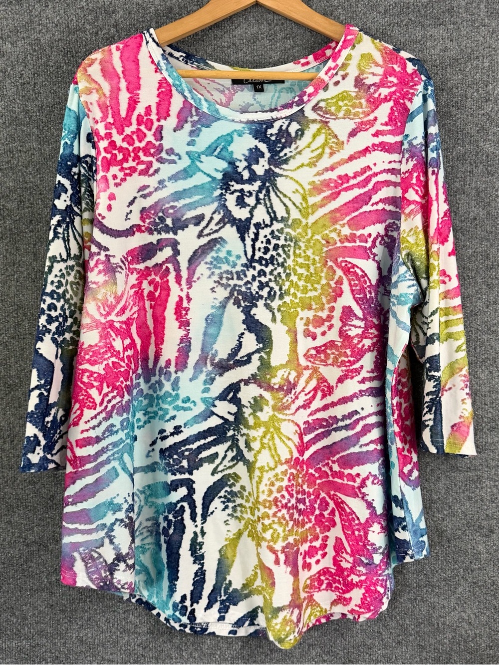 Calessa Womens 1X Multicolor Animal Print Top 3/4 Sleeve Artsy Casual Popoover